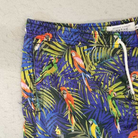 Native Youth Swim Shorts Mens 36 Blue Tropical Parrot Print Drawstring Trunks - Picture 2 of 15